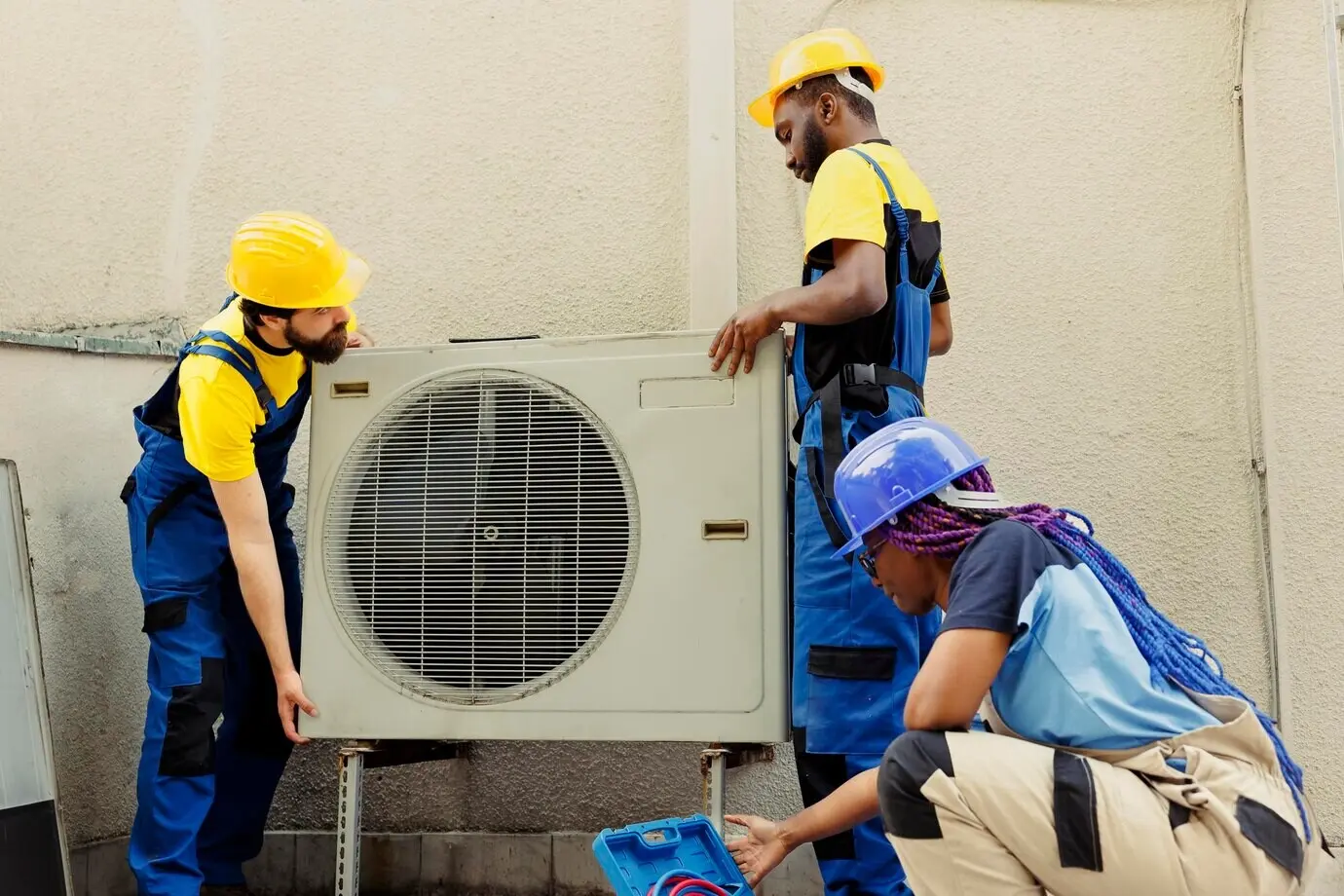 A team replacing an old air conditioner