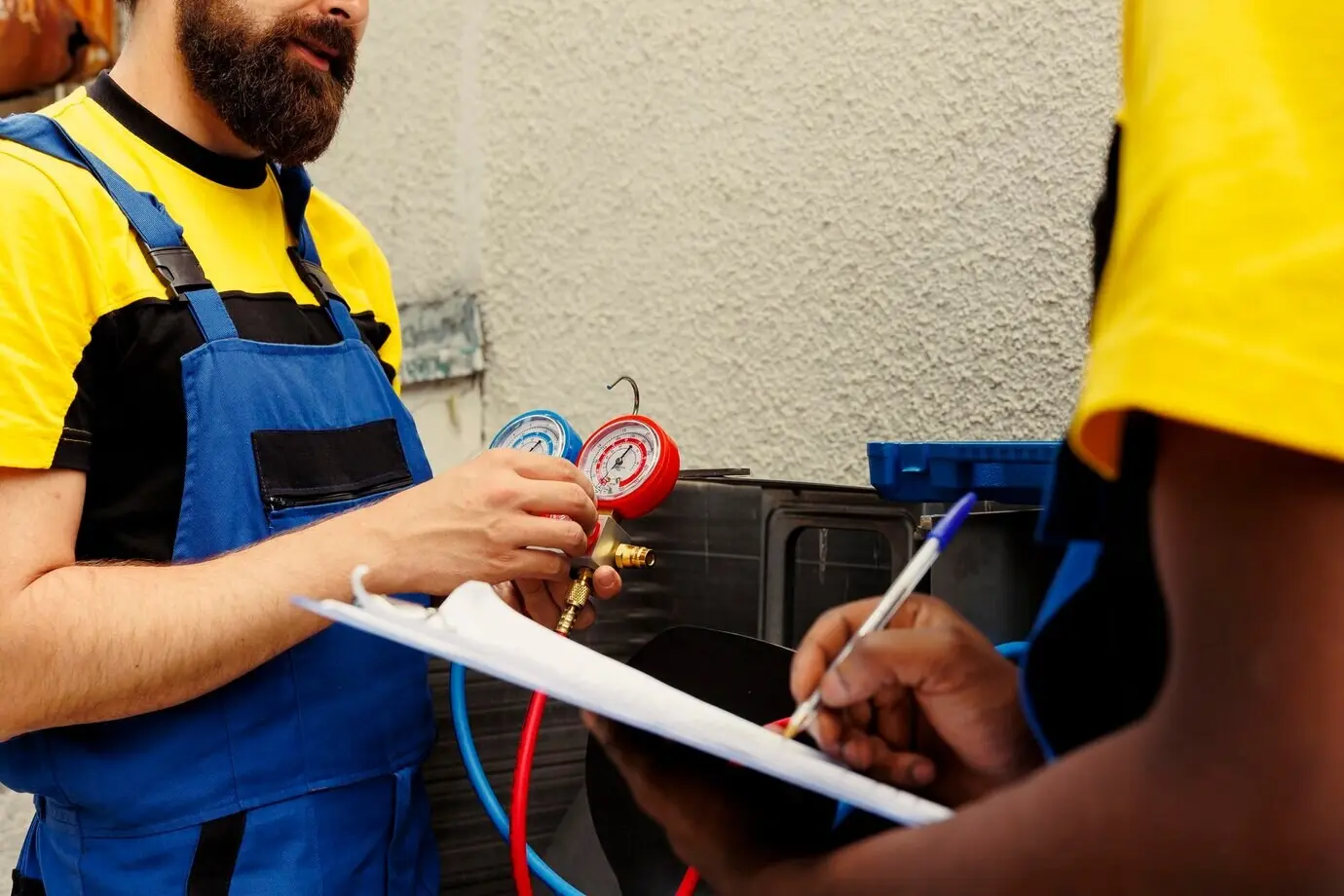 Colleagues refill the freon in the air conditioner.