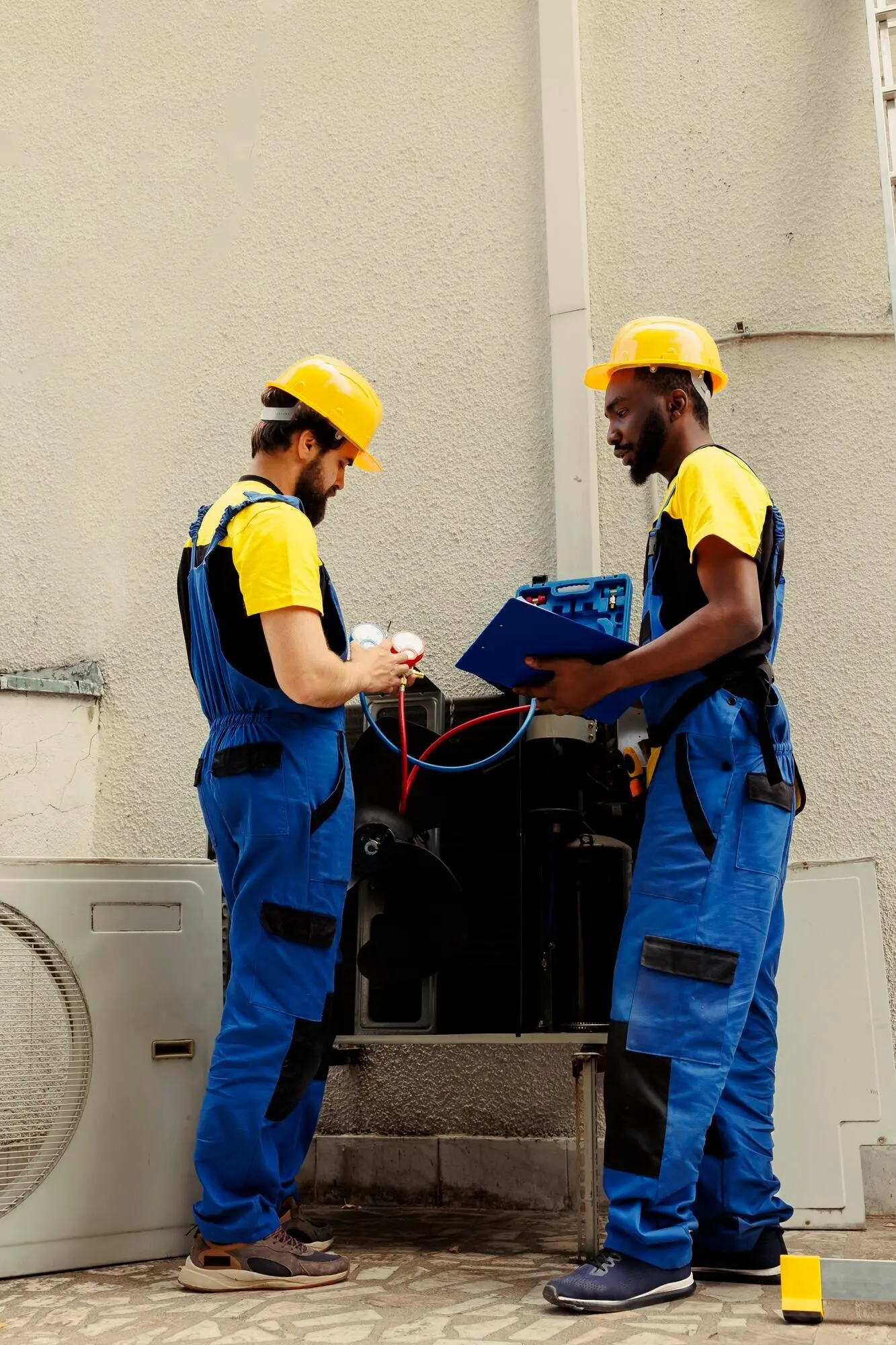 Professional repairmen are enlisted to inspect the air conditioner and refill freon. An expert African American mechanic and a colleague use manometers to precisely measure the pressure in the condenser.