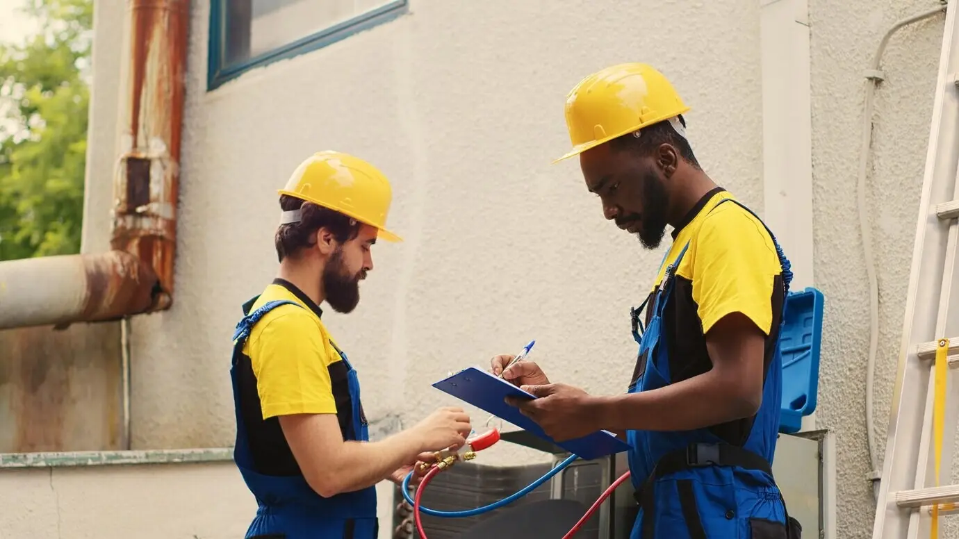 A repairman conducting condenser investigations